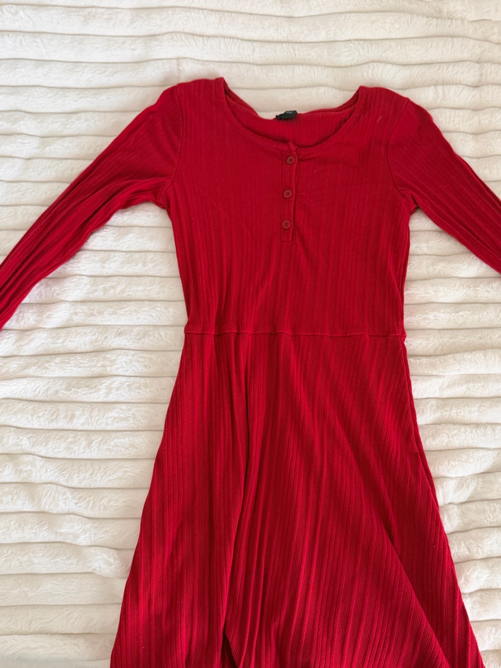 art class Red Ribbed Long-Sleeve Button-Pocket Dress